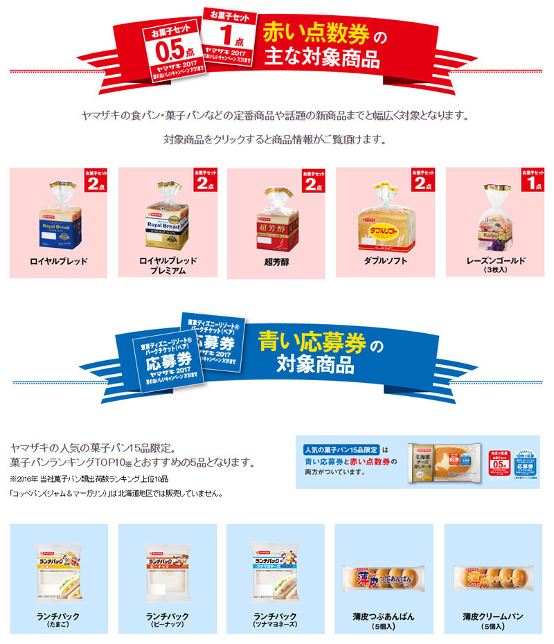 ヤマザキパン 2017夏の懸賞キャンペーン 赤い点数券 青い応募券対象商品